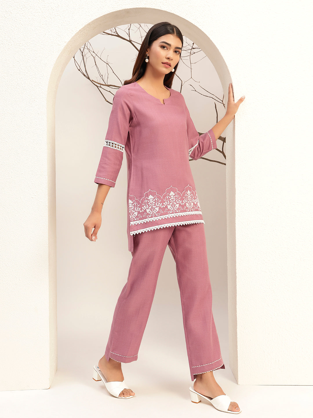 Purple Color with Embroidery Round Neck Casual Tunic With Trouser Co-Ords Set