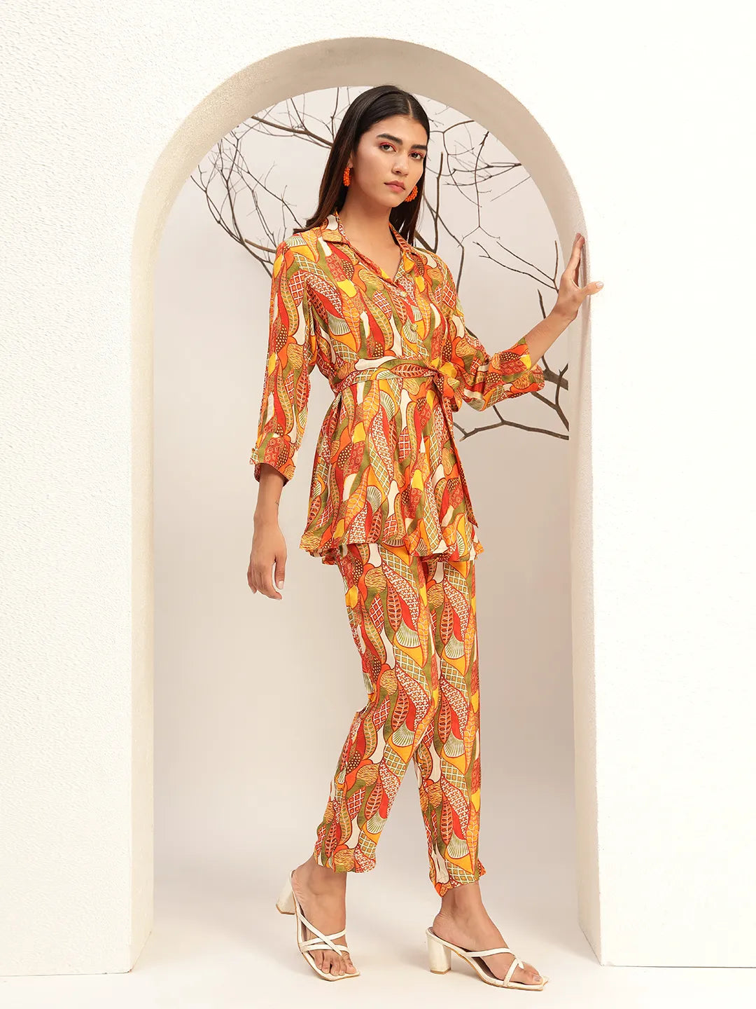 Multi Color Floral Printed Caller Neck Casual Tunic With Trouser Co-Ords Set