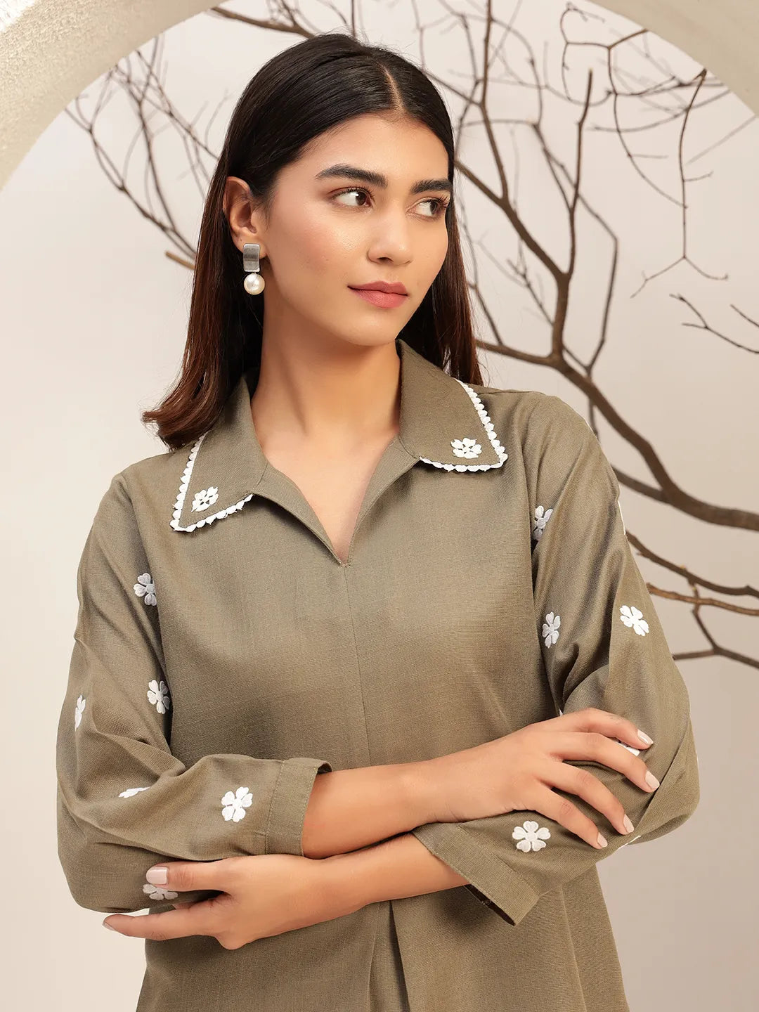 Olive Color With Collar Neck Casual Tunic With Trouser Co-Ords Set