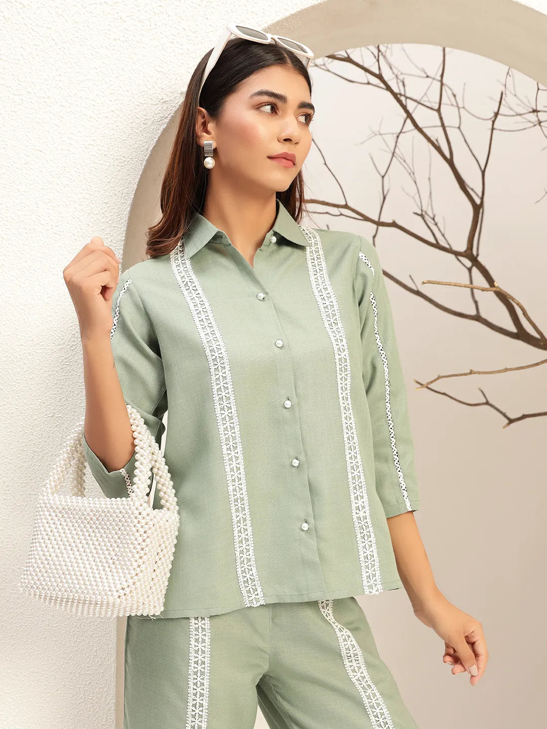 Green Color Collar Neck Casual Tunic With Trouser Co-Ords Set