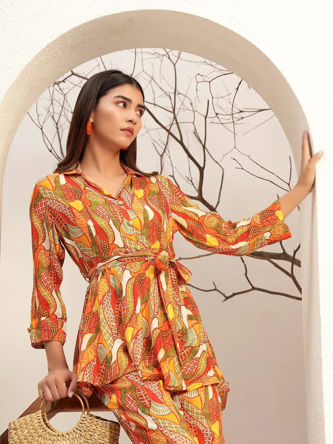 Multi Color Floral Printed Caller Neck Casual Tunic With Trouser Co-Ords Set