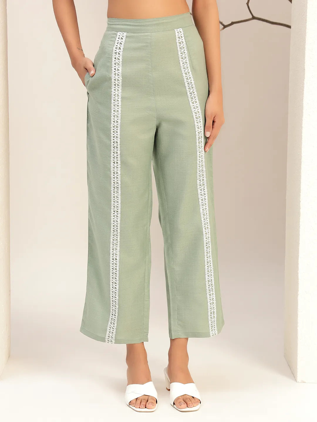 Green Color Collar Neck Casual Tunic With Trouser Co-Ords Set