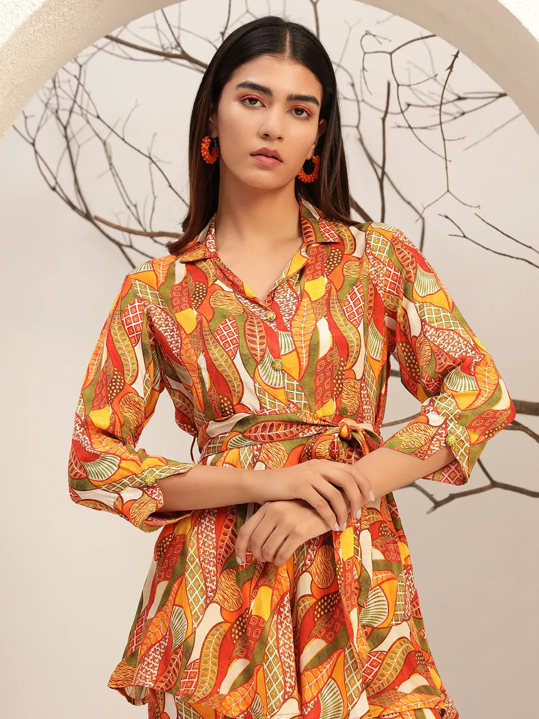 Multi Color Floral Printed Caller Neck Casual Tunic With Trouser Co-Ords Set