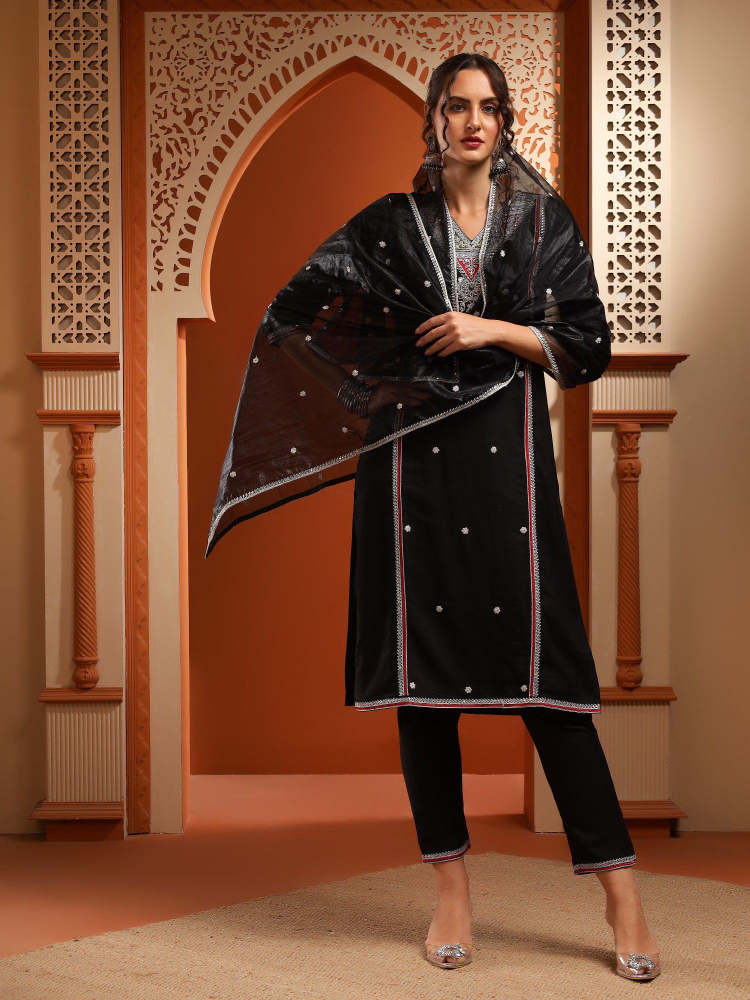 Bani Women's Embroidered Cotton Kurta Set With Pant & Dupatta - 3/4 Sleeves, V-Neck Ethnic Wear