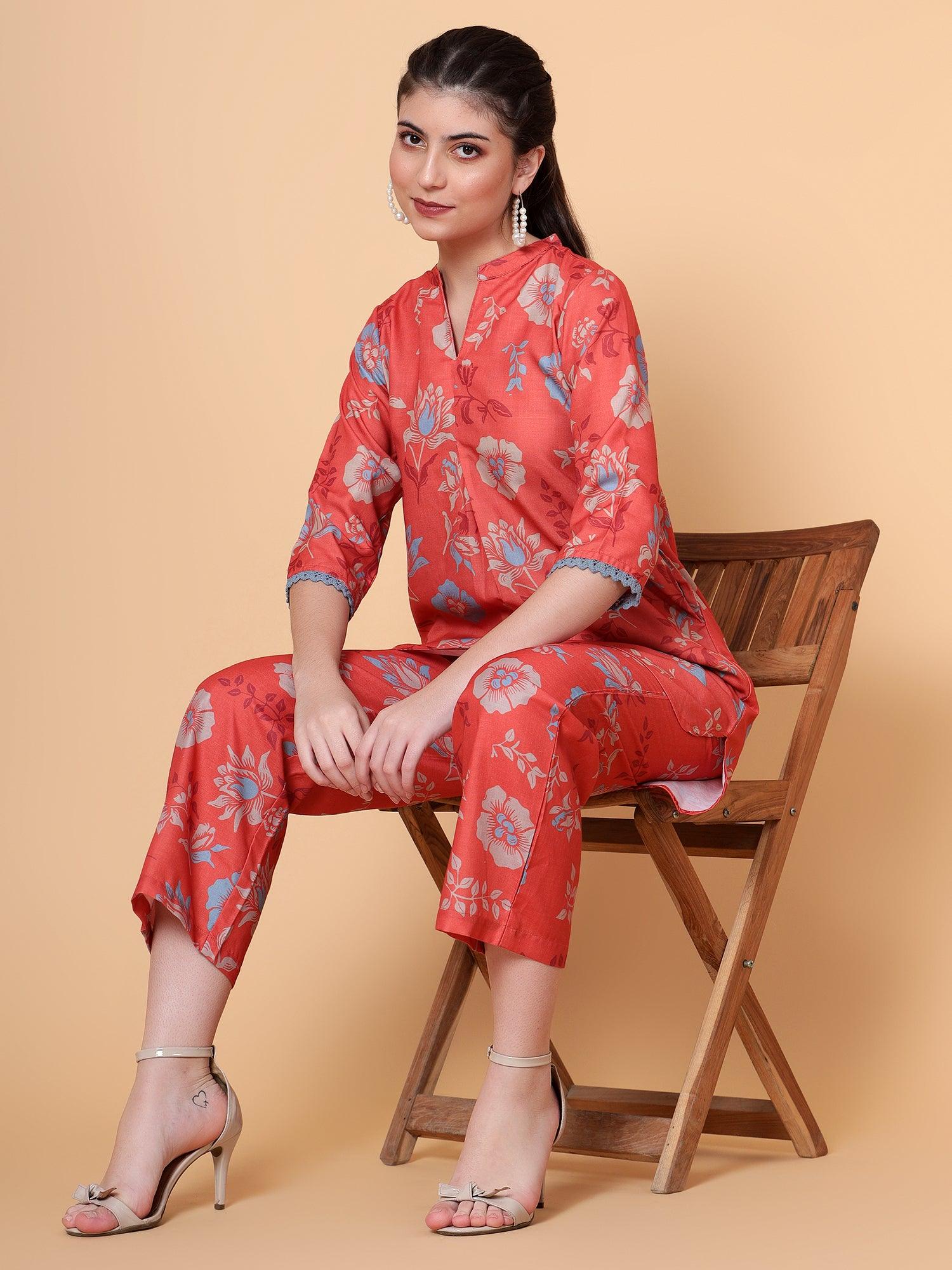 Women Printed Co-Ord Set Orange