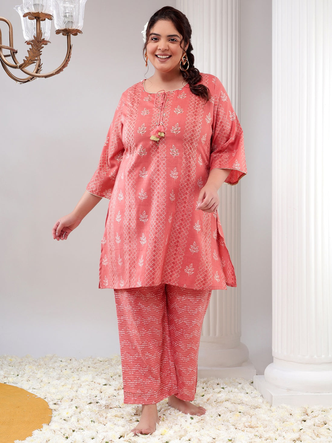 Plus Size Pink Printed Womens Tunic with Pant Co-Ord Set / Round Neck