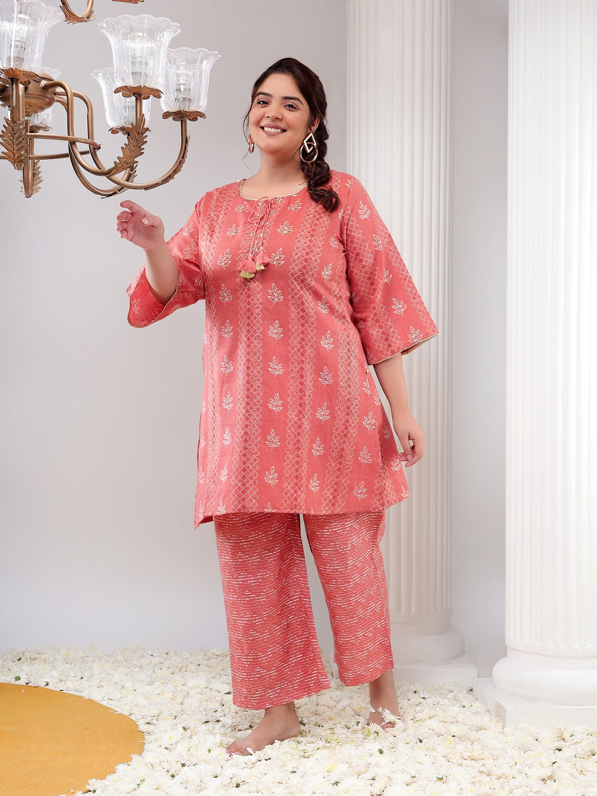 Plus Size Pink Printed Womens Tunic with Pant Co-Ord Set / Round Neck