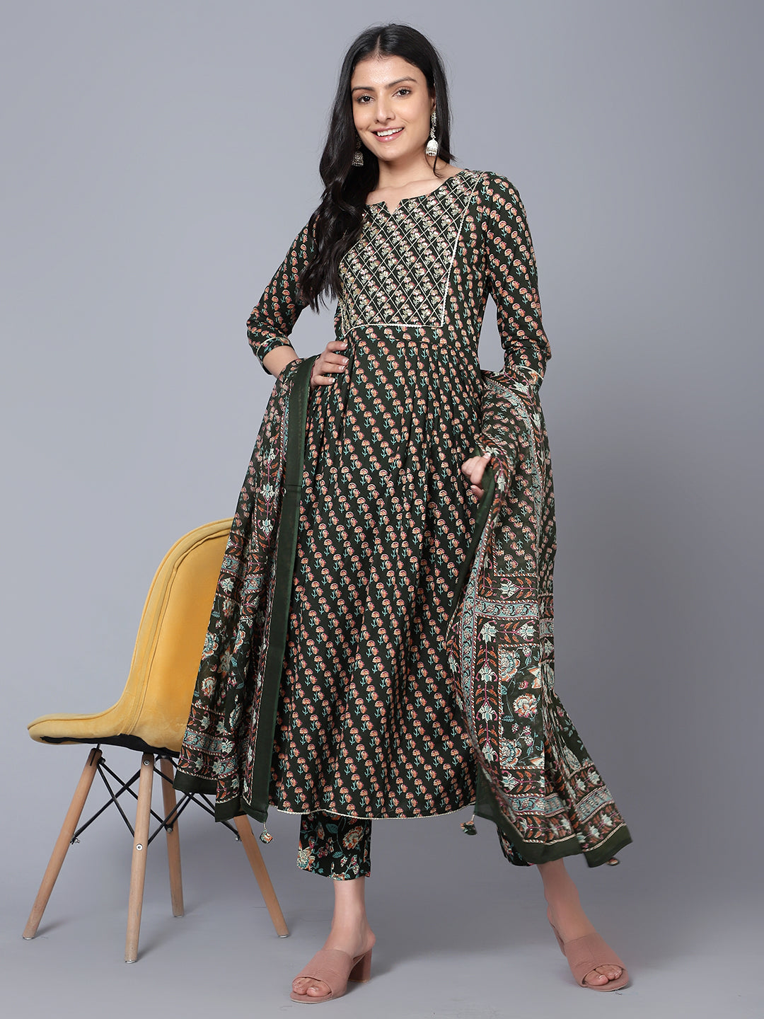 Bani Women Floral Embroidered Pure Cotton Kurta with Trousers &amp; with Dupatta
