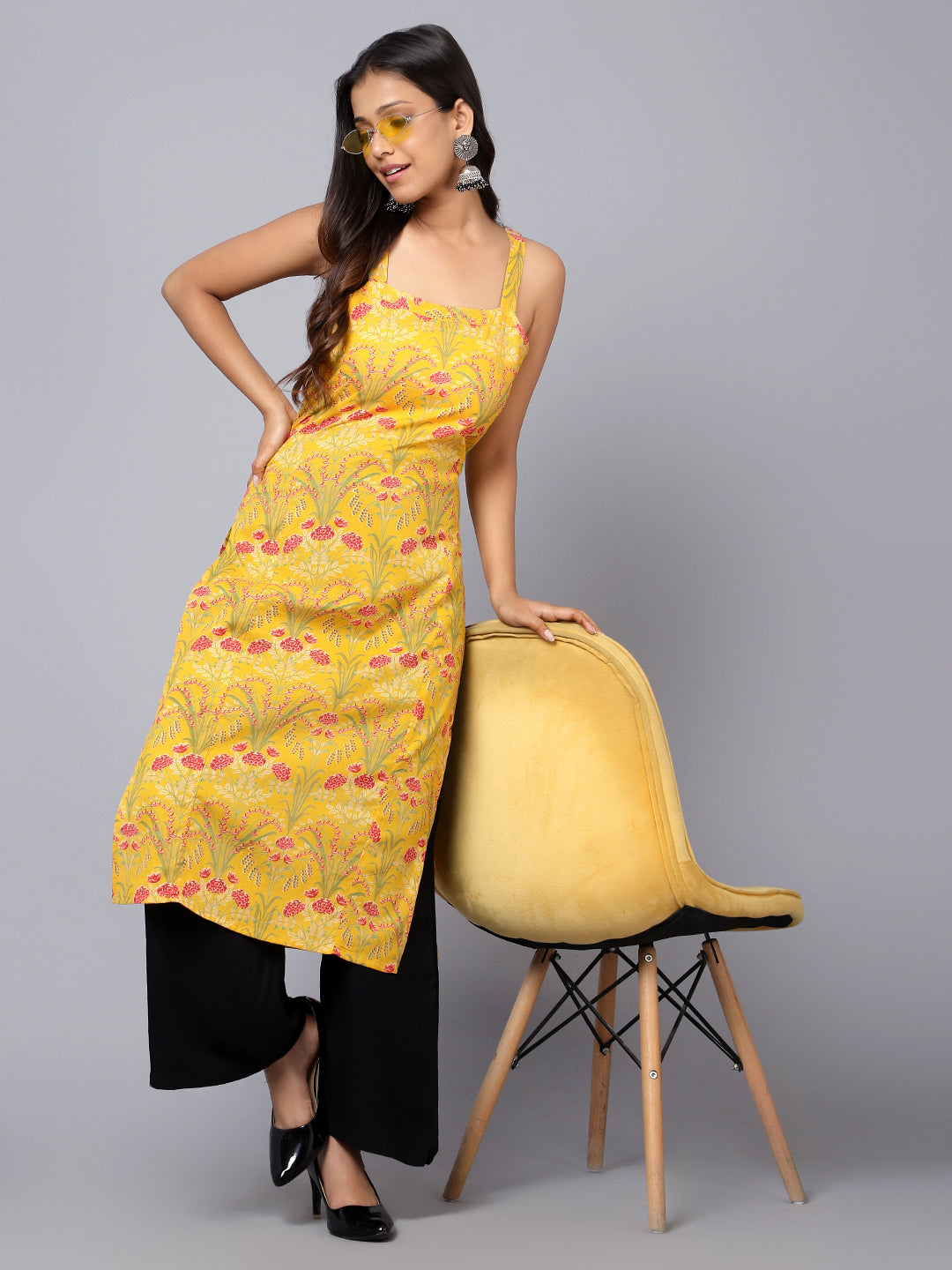 Bani Women Womens Printed Cut Sleeve Kurti with Adjuster Yellow