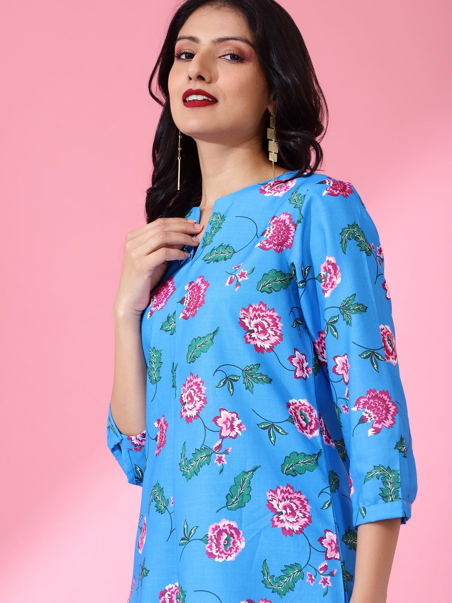 Women Floral Printed Regular Co-Ord Set-Blue