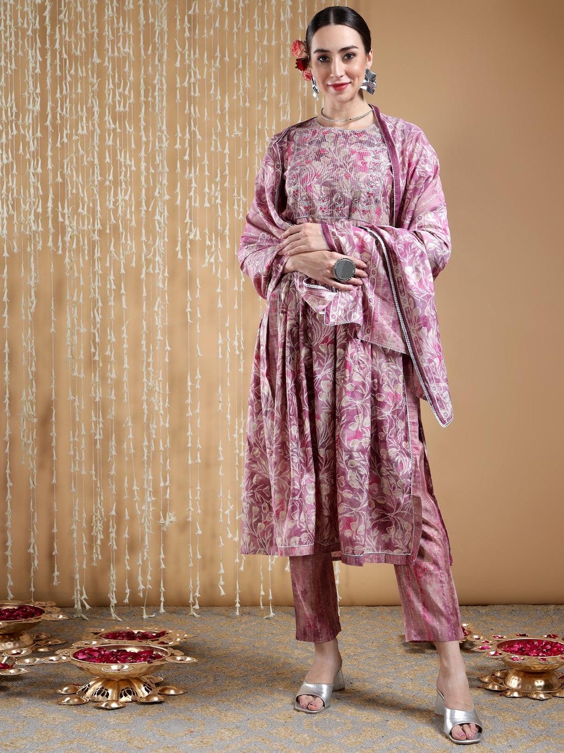 Bani Women A Line Floral Printed Silk Kurta with Pant &amp; Dupatta Set for Women