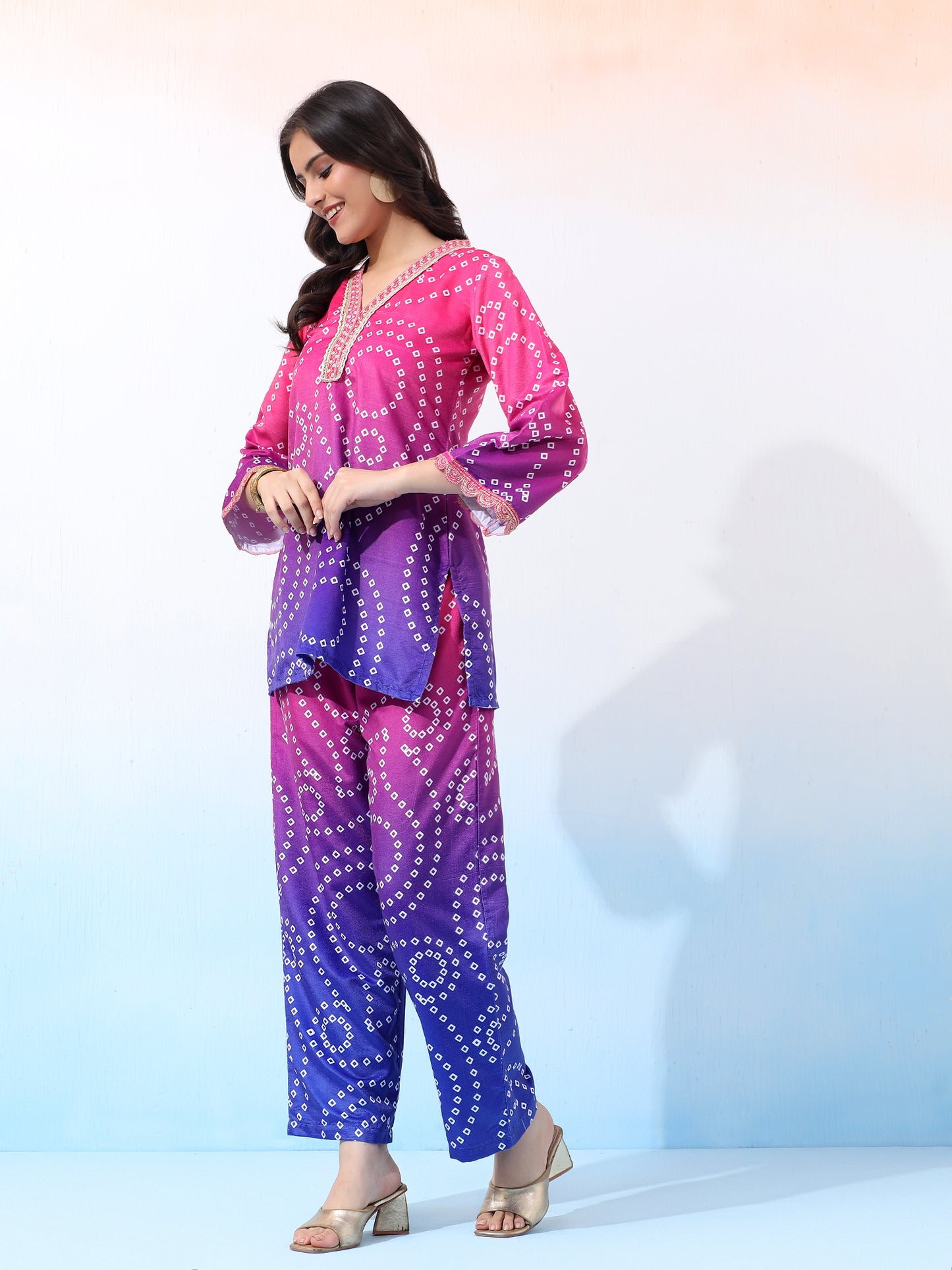 Vibrant Velvet Fuchsia Bandhani Ethnic Co-Ord Set with Embroidered Details