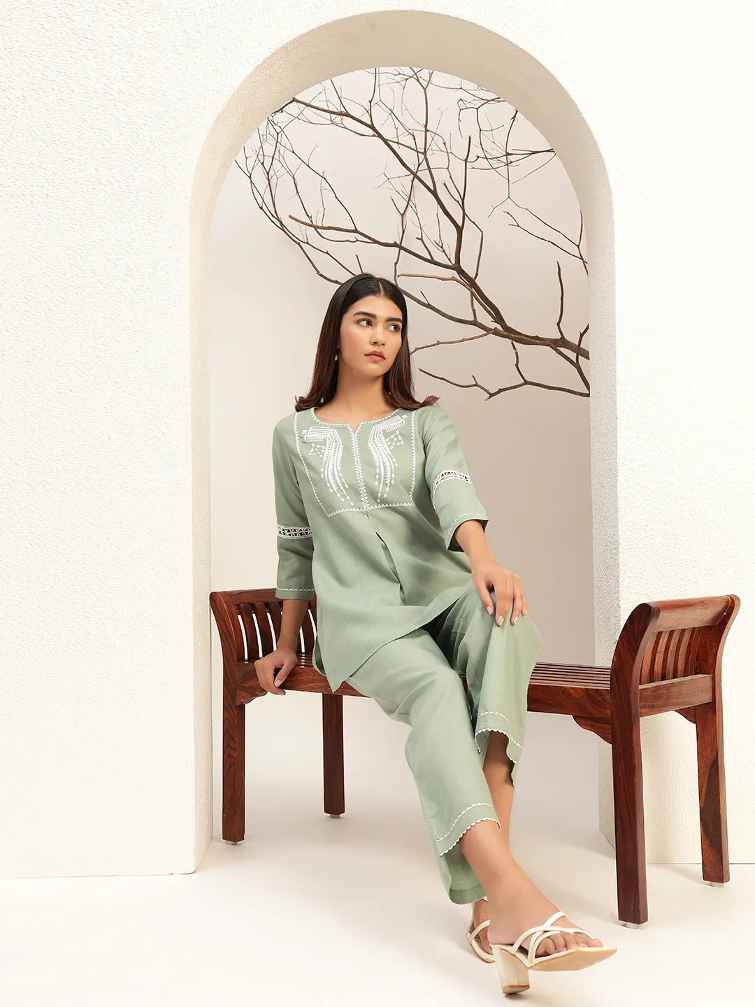 Green Color With Embroidery Round Neck Casual Tunic With Trouser Co-Ords Set