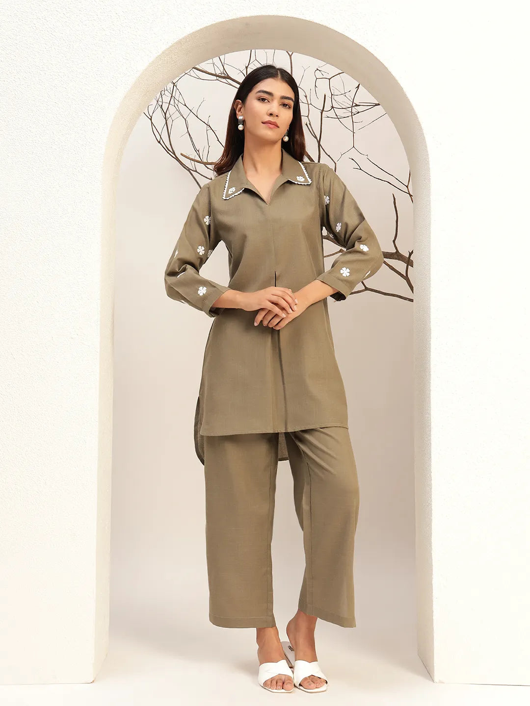 Olive Color With Collar Neck Casual Tunic With Trouser Co-Ords Set