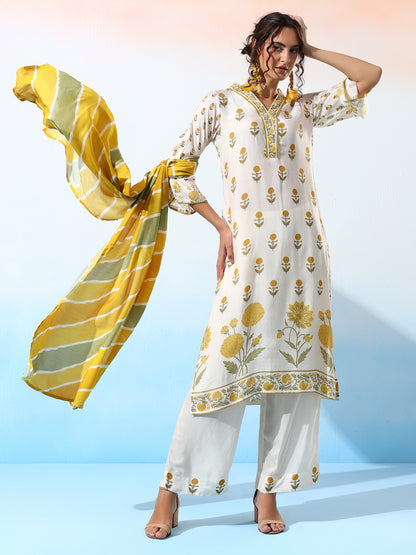 Laila Muslin Yellow Floral Printed Kurta Set