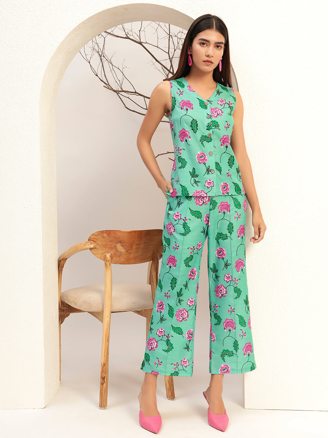 Green Printed with V-Neck Caual Tunic with Trouser Co-Ords Set