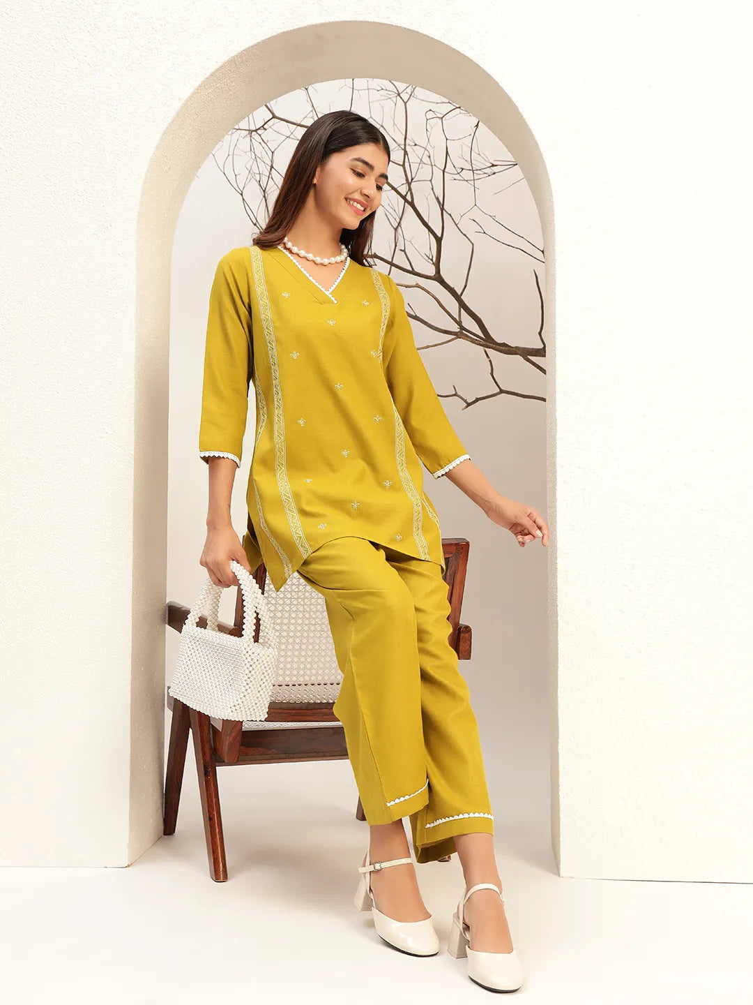 Lime Green Color V-Neck Casual Tunic With Trouser Co-Ords Set