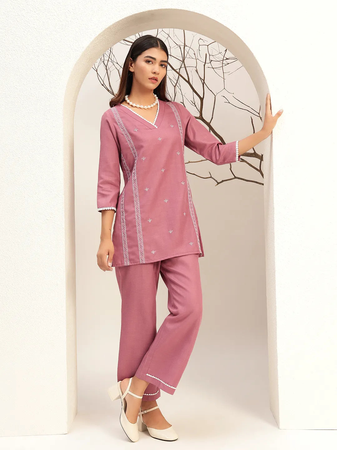 Purple Color V-Neck Casual Tunic With Trouser Co-Ords Set
