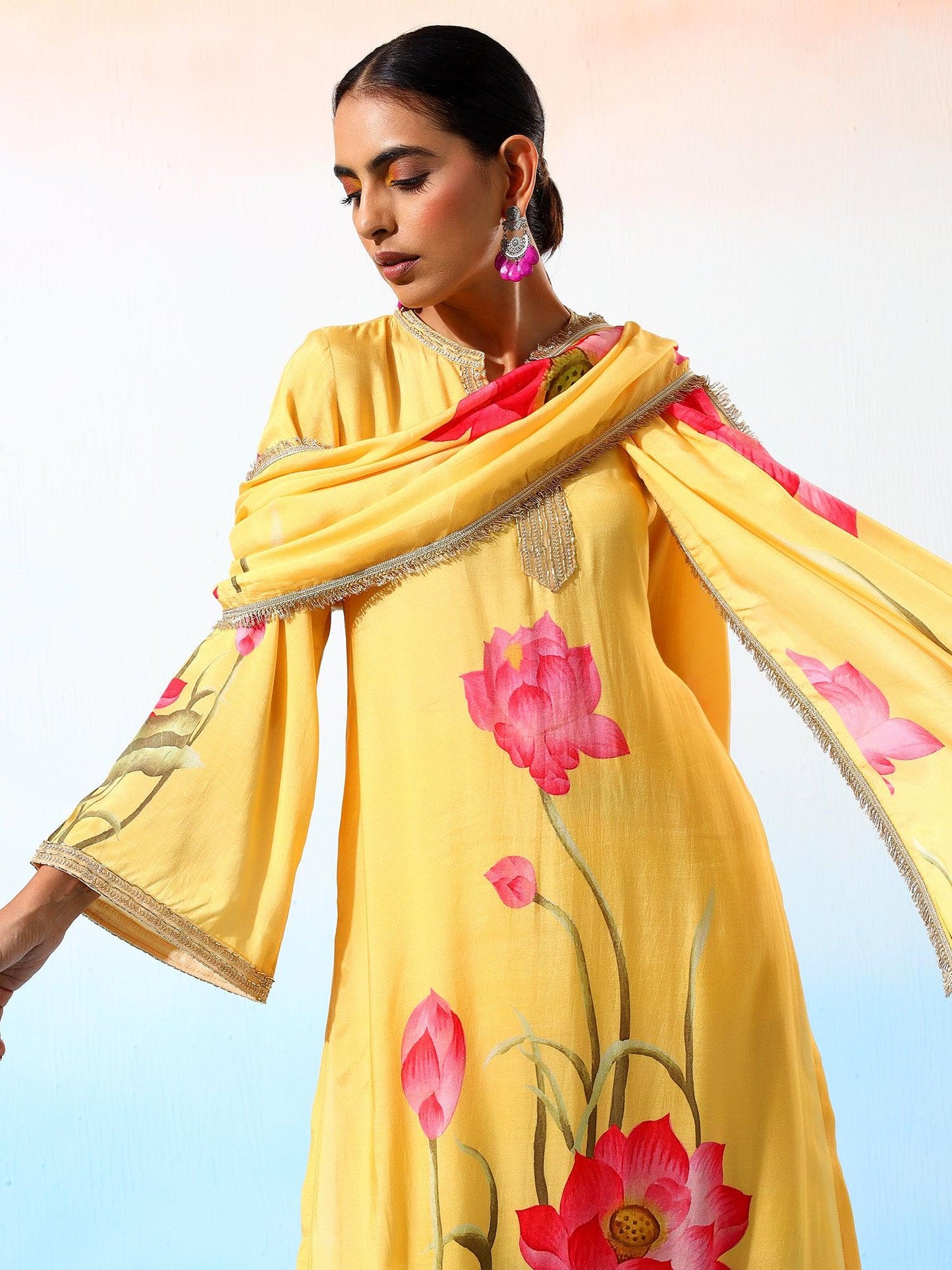 Gul Muslin Floral Printed Yellow Kurta Set