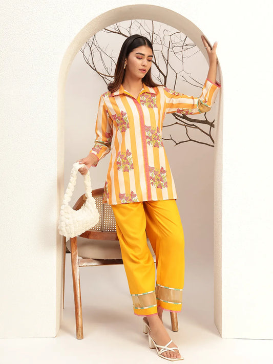 Floral Printed Round Neck Tunic With Trouser Co-Ords Set