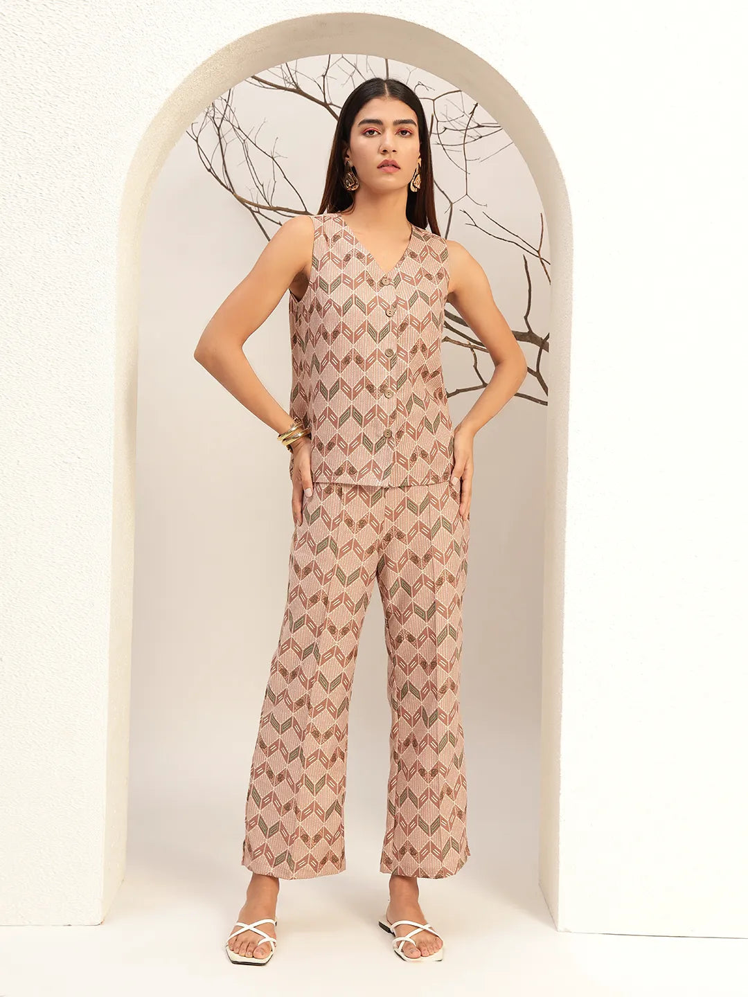 Printed with V-Neck Causal Tunic & Trouser With Waistcoat Co-Ords