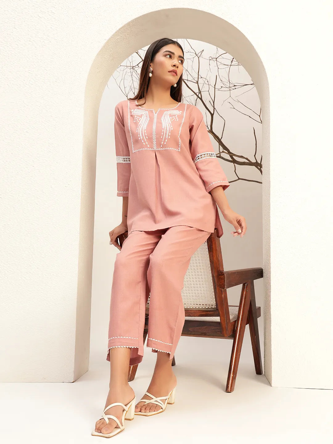 Pink Color With Embroidery Round Neck Casual Tunic With Trouser Co-Ords Set
