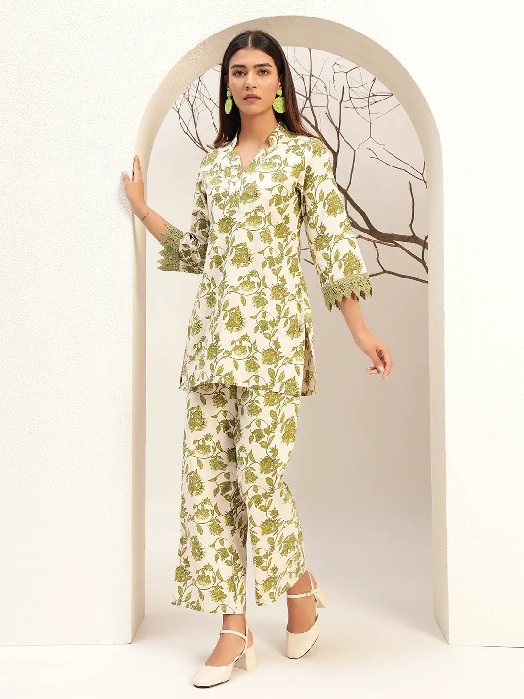 Floral Printed V-Neck Casual Tunic With Trouser Co-Ords Set