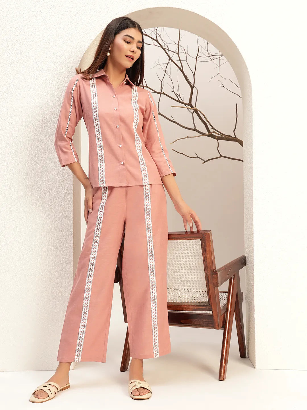 Pink Color Collar Neck Casual Tunic With Trouser Co-Ords Set