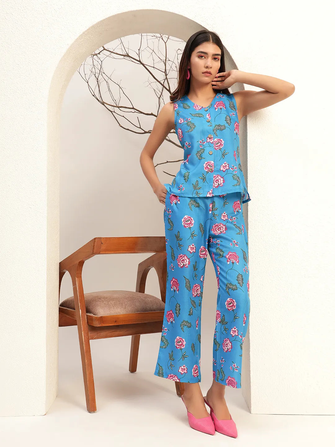 Printed with V-Neck Causal Tunic & Trouser With Waistcoat Co-Ords