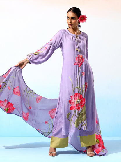 Nilofar Muslin Lavender Printed Kurta Set