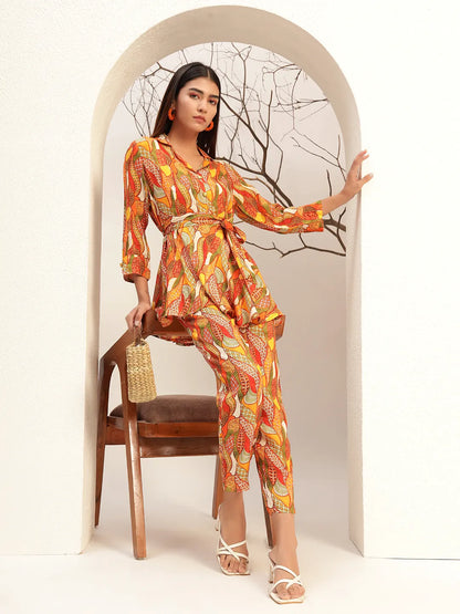 Multi Color Floral Printed Caller Neck Casual Tunic With Trouser Co-Ords Set