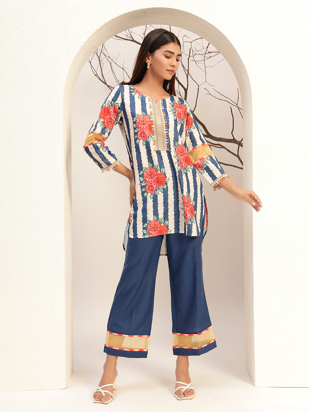 Blue Floral Striped Printed Caller Neck Caual Tunic with Trouser Co-Ords Set