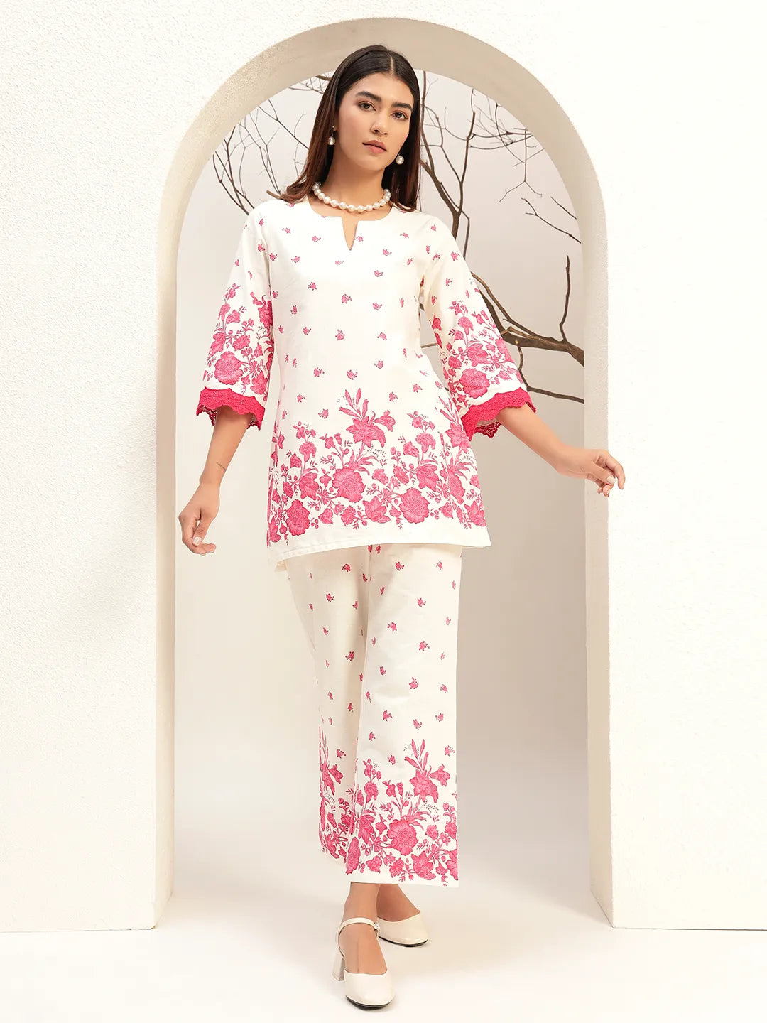 Floral Printed Round Neck Tunic With Trouser Co-Ords Set