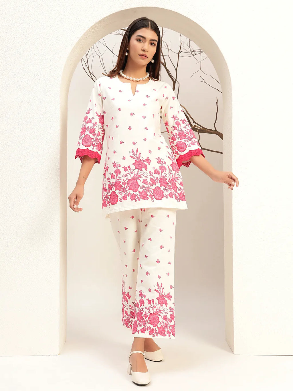 Floral Printed Round Neck Tunic With Trouser Co-Ords Set