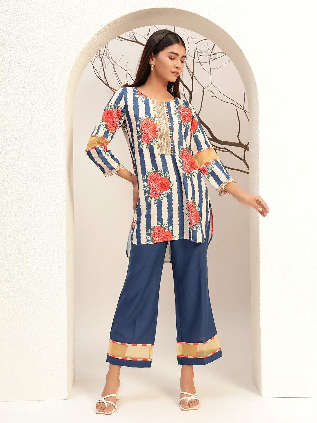 Blue Floral Striped Printed Caller Neck Casual Tunic With Trouser Co-Ords Set