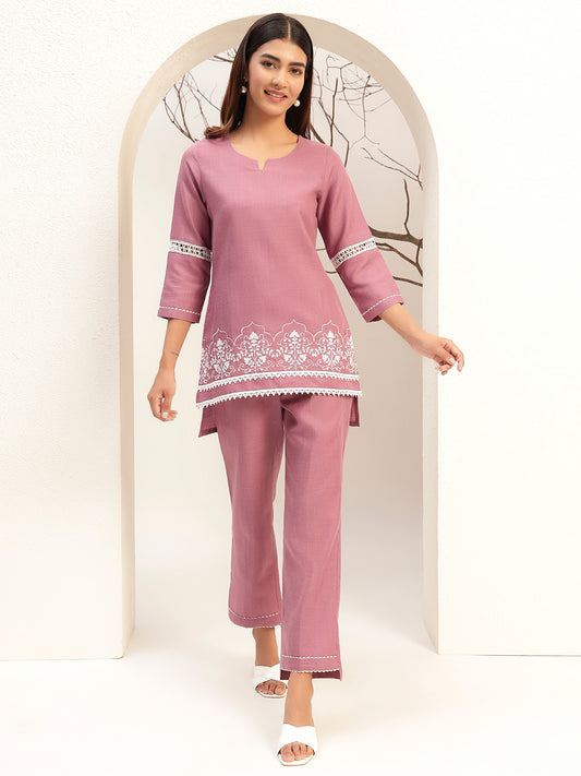 Purple Color with Embroidery Round Neck Casual Tunic With Trouser Co-Ords Set
