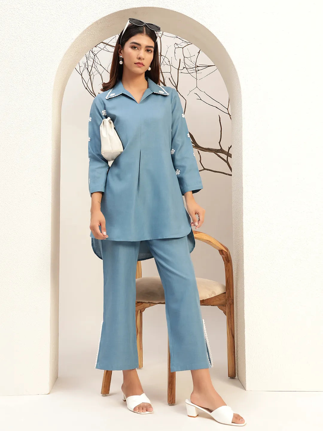 Blue Color With Collar Neck Casual Tunic With Trouser Co-Ords Set