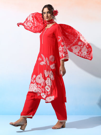 Anwesha Muslin Red & White Printed Kurta Set