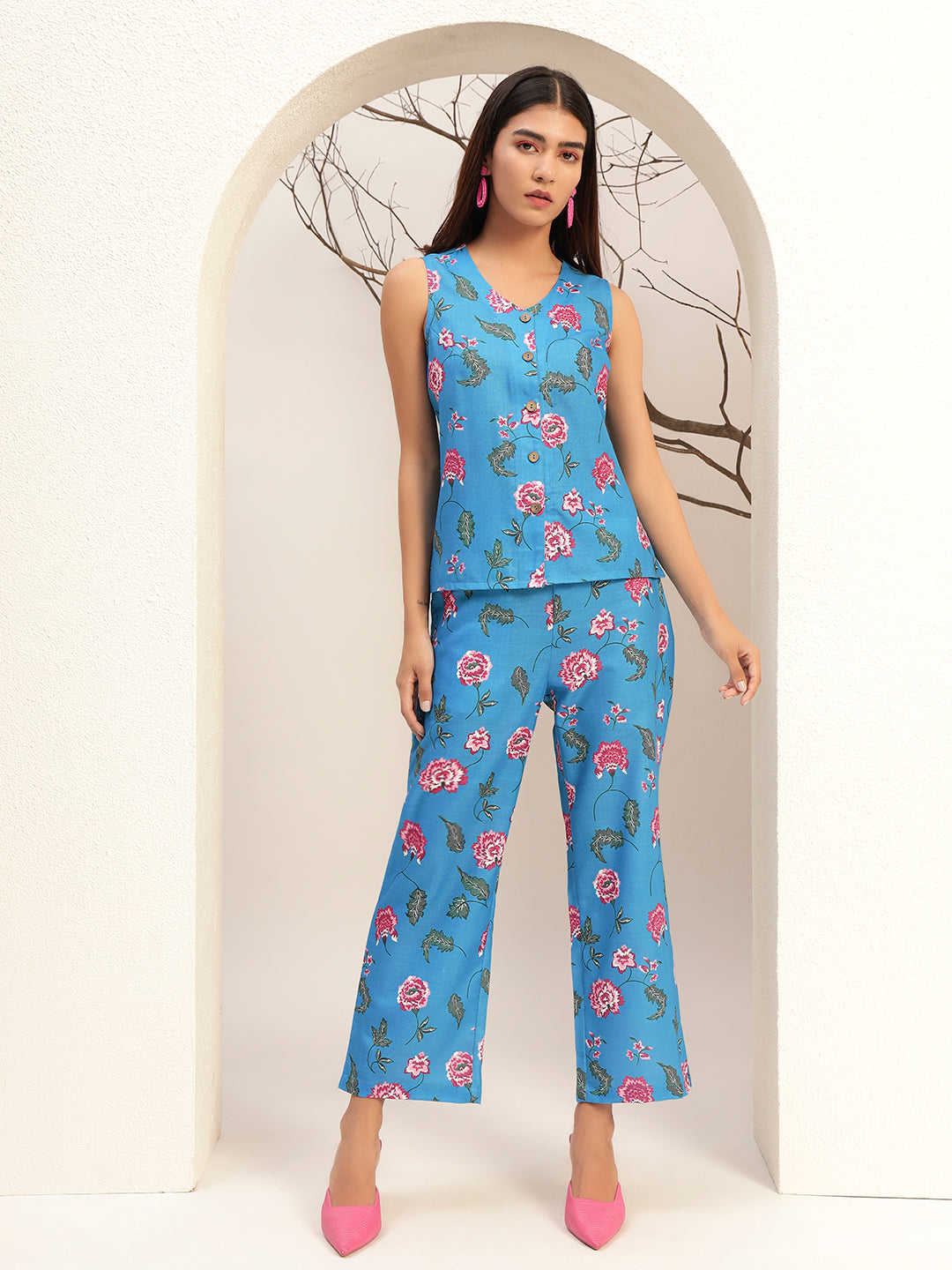 Blue Printed with V-Neck Caual Tunic with Trouser Co-Ords Set