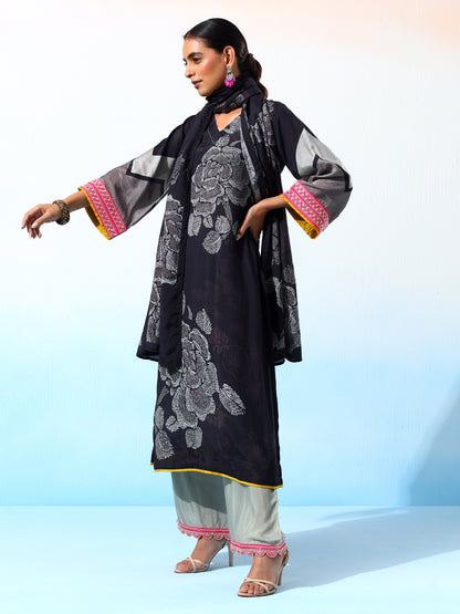 Sukoon Muslin Black & Grey Printed Kurta Set