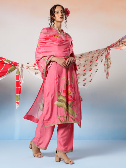 Leela Muslin Pink Floral Printed Kurta Set