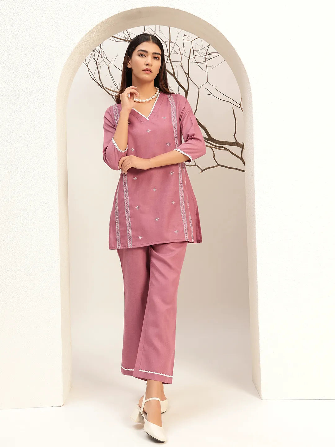 Purple Color V-Neck Casual Tunic With Trouser Co-Ords Set