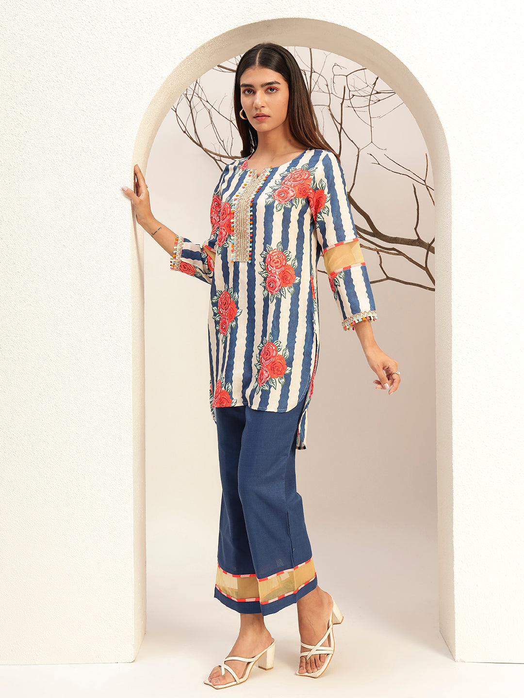 Blue Floral Striped Printed Caller Neck Caual Tunic with Trouser Co-Ords Set