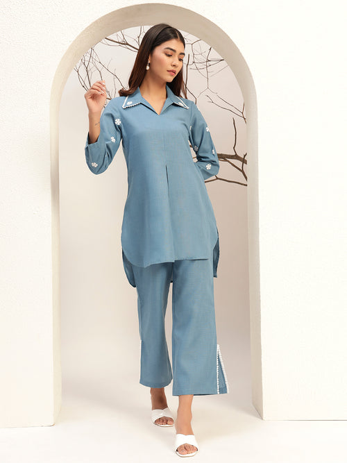 Blue Color with Collar Neck Caual Tunic with Trouser Co-Ords Set