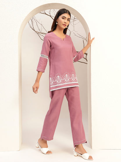 Purple Color with Embroidery Round Neck Casual Tunic With Trouser Co-Ords Set