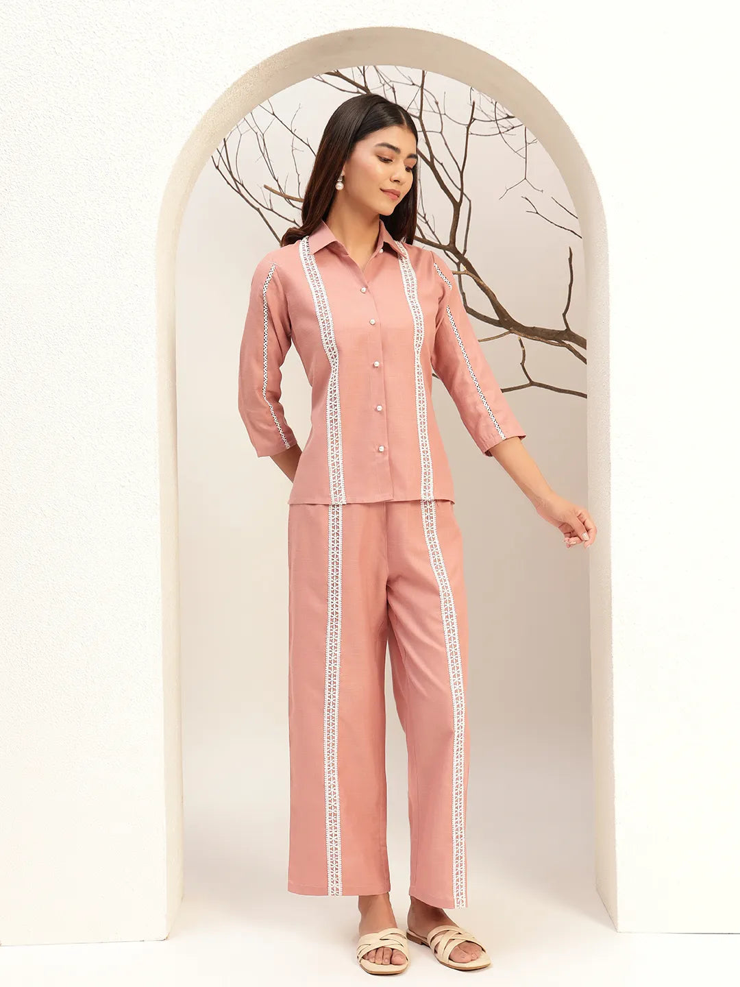 Pink Color Collar Neck Casual Tunic With Trouser Co-Ords Set