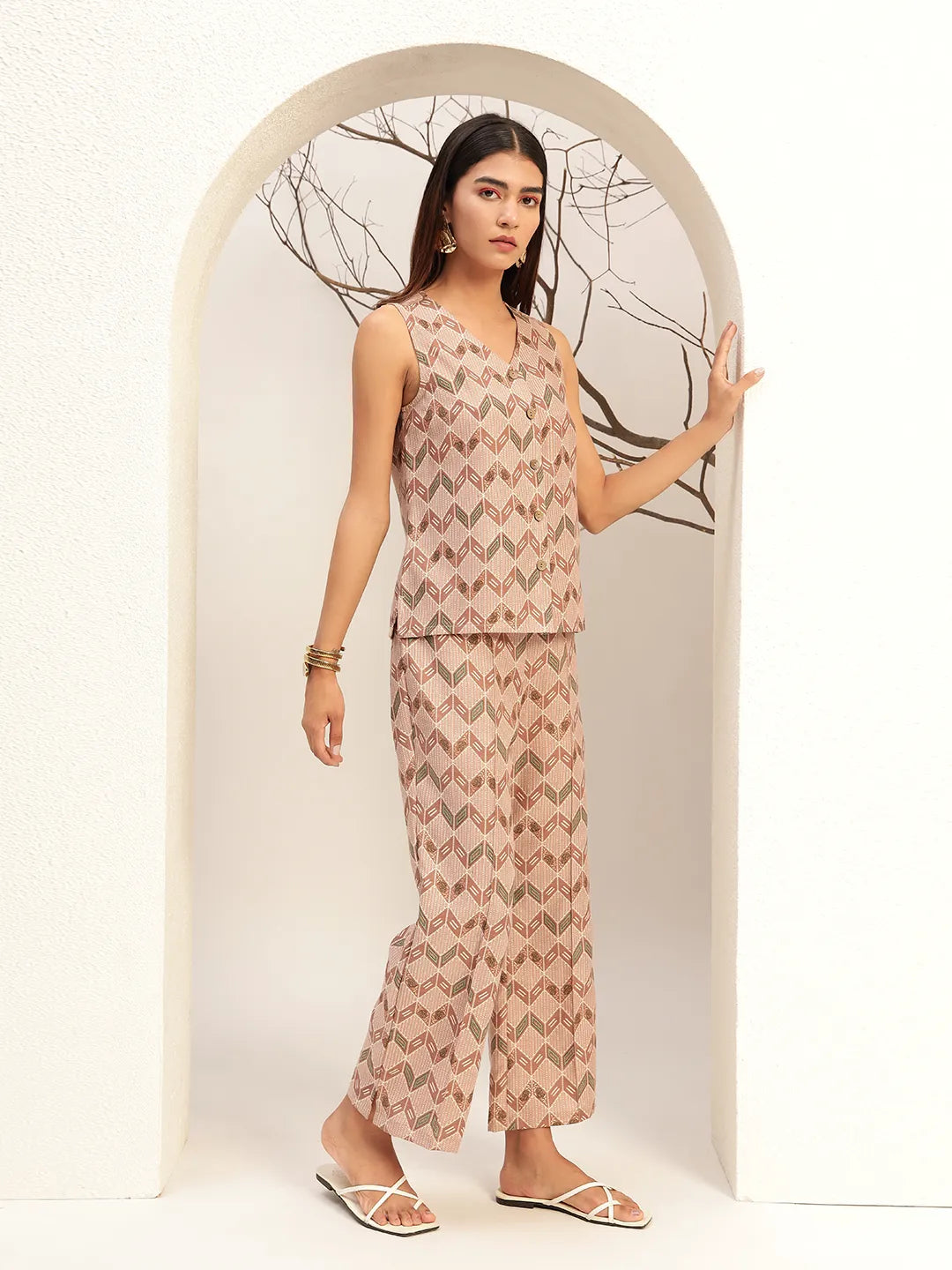 Printed with V-Neck Causal Tunic & Trouser With Waistcoat Co-Ords