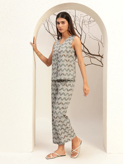 Grey Printed with V-Neck Causal Tunic & Trouser With Waistcoat Co-Ords