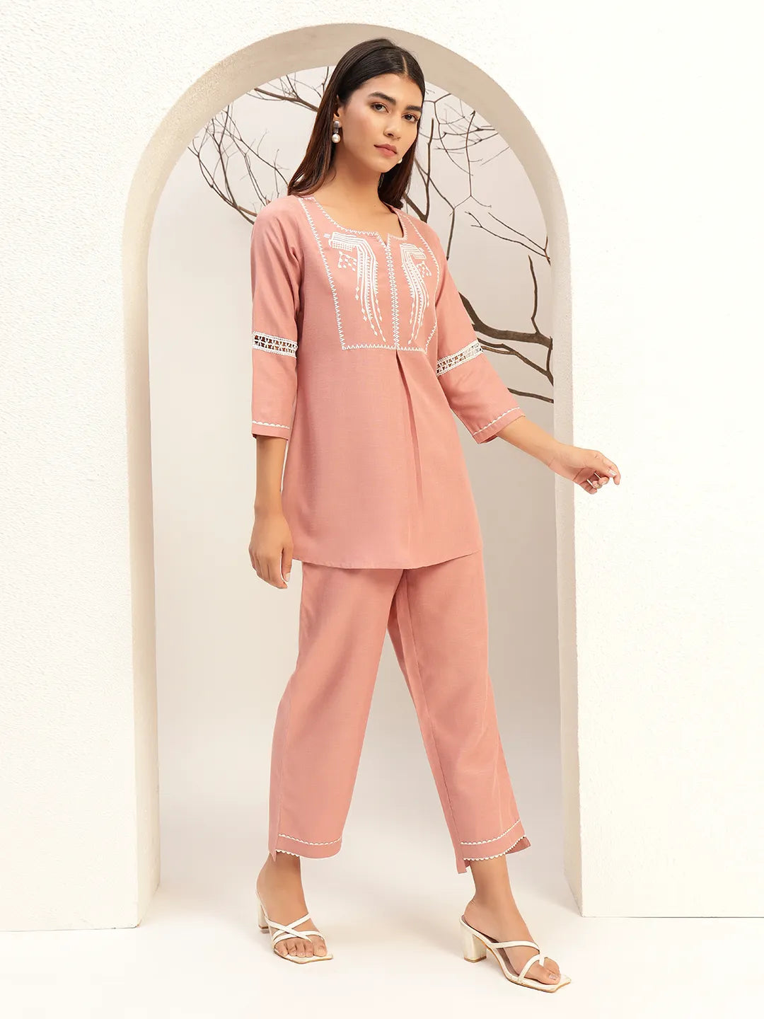 Pink Color With Embroidery Round Neck Casual Tunic With Trouser Co-Ords Set
