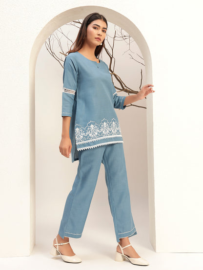 Blue Color with Embroidery Round Neck Casual Tunic With Trouser Co-Ords Set